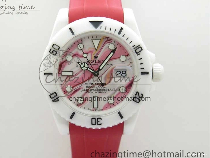 0123 WrinkleFree Submariner 40mm White Ceramic 5GF Best Edition White Red Dial on Red Rubber Strap SA 2485